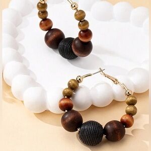 Handcrafted Wooden Bead Hoop Earrings - Brown & Olive